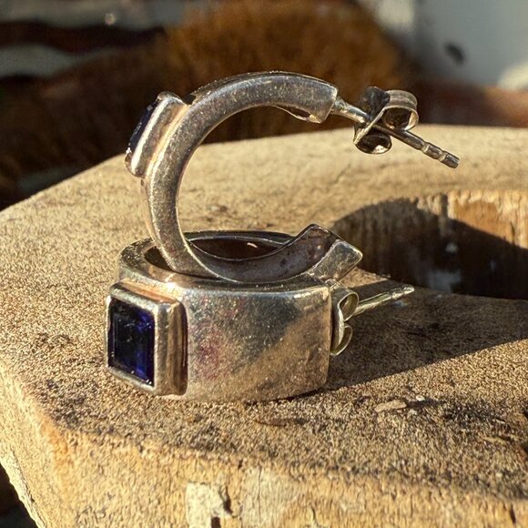 Vintage Sterling Silver & Blue CZ Hoop Pierced Earrings - Picture 7 of 10